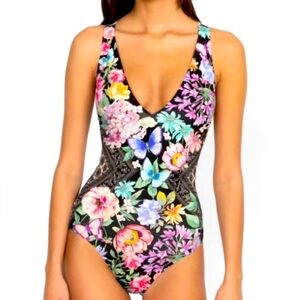 Johnny Was Black Butterfly one-piece swimsuit